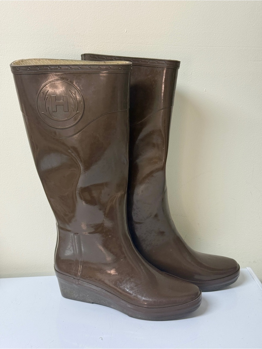 Hunter Champery Wedge Tall Rain Boots Womens US 8 Brown Gloss Waterproof w Bag